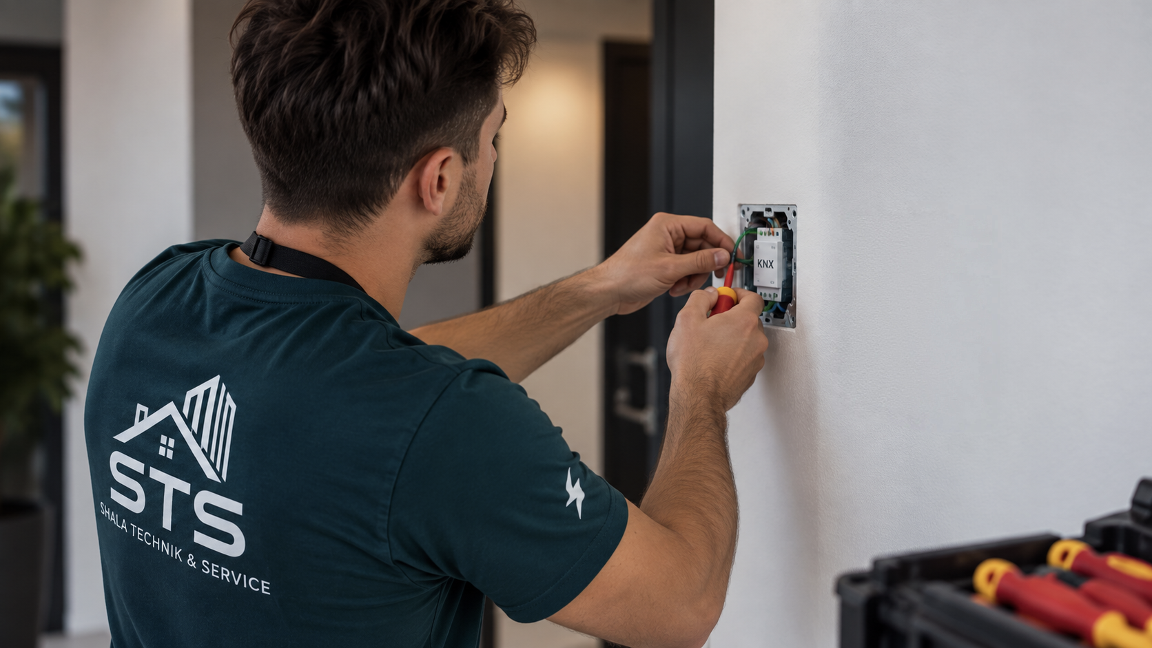 STS-Mitarbeiter beim Anschluss eines KNX-Tasters
